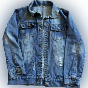 Jean Jacket Sequined Heart “lucky” Distressed Girls Size 160 (12-14) Y2k Denim